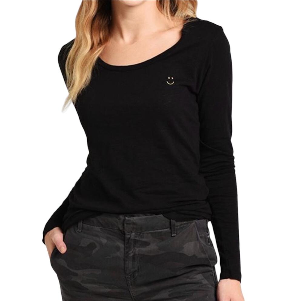Sundry Black Long Sleeve Tee Gold Embroidered Happy Face Back Seam 0 XS